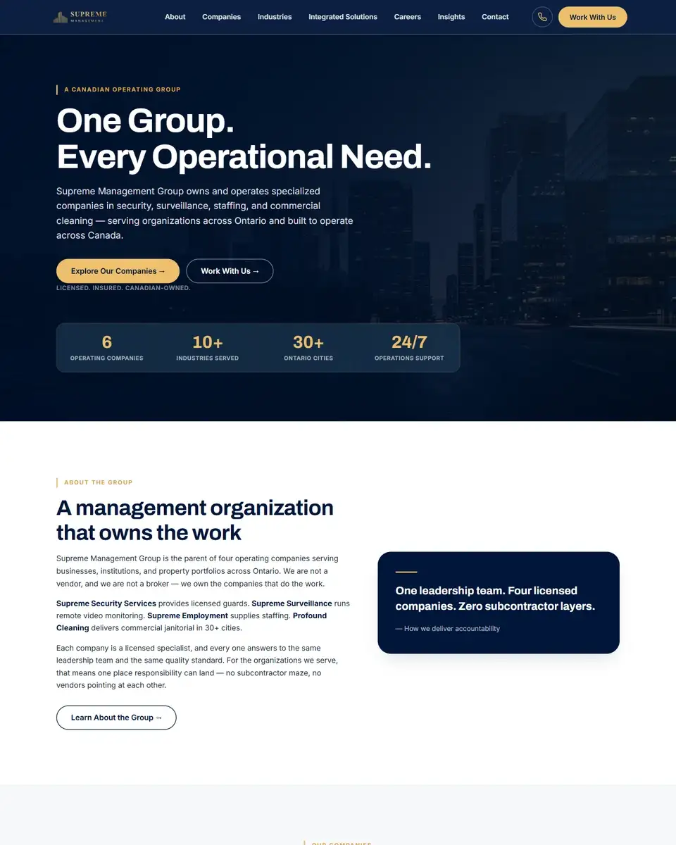Full homepage of the Supreme Management Group website, from the header to the footer