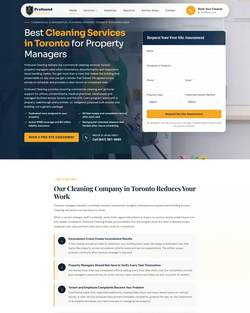 Full homepage of the Profound Cleaning website, from the header to the footer