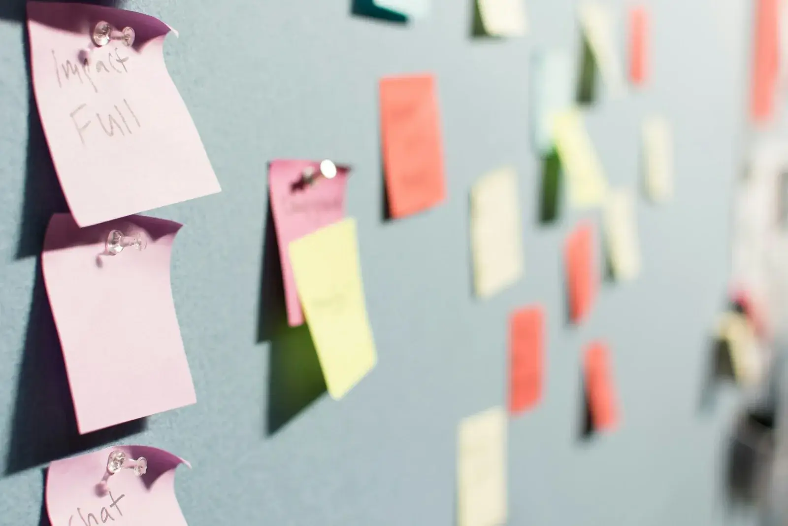 A wall of coloured sticky notes from a planning session